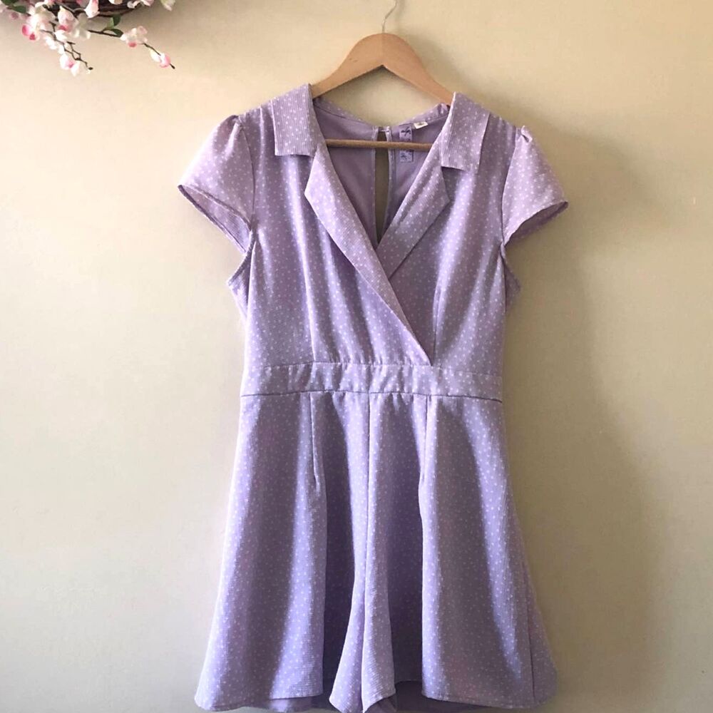 Alya Polka Dot Romper V-neck Lavender Size L